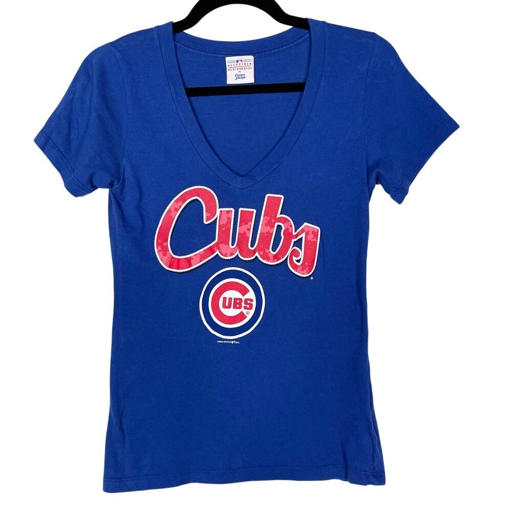 MLB Genuine Merchandise Womens Small S Blue Chicago Cubs VNeck Short Sleeve Tee
